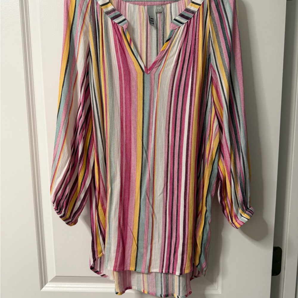 Striped V-Neck Tunic Top in Pink Multi